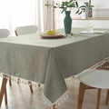Rectangle sage green woven tablecloth with white fringe tassels for a dining table - Army Green