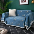 Copridivano in ciniglia blu con motivo di carrozze e bordo in pizzo bianco elegante - 180x150 / Blu