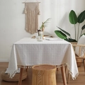 Nappe moderne à carreaux avec franges en imitation lin crème pour tables à manger - 60x60cm / Petit Carreaux Lin Avec Pompons