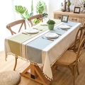 Modern Nordic striped tablecloth with boho tassels in green blue and white colors - 120x120 / Fresh Green (Waterproof) + Tassel