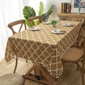 Mustard yellow rectangular tablecloth with white geometric pattern and fringe trim - 60x60cm / Yellow Rhombus with Tassel