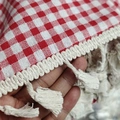 Red and white gingham tablecloth with decorative white wave lace and cotton tassels - 60x60cm / Red White Plaid with Tassel