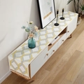 Geel en grijs geometrisch chenille tafelloper met witte handgemaakte kwastjes voor decor - 35X140cm / Gele geometrie