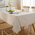 Mantel de mezcla de lino minimalista con borde de flecos sobre una mesa de madera - 90x90cm / Lino Natural Con Borlas Densas