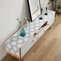 Blauw en beige chenille tafelloper met geometrisch patroon en witte franje kwastjes - 35X140cm / Blauwe Geometrie