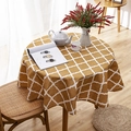 Yellow round linen tablecloth with white clover geometric pattern and fringe details - Round 150cm / Yellow Diamond