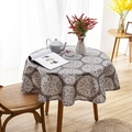 Brown round cotton linen tablecloth featuring large white paisley floral patterns and tassels - Round 150cm / Gray Hydrangea