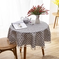 Round linen blend tablecloth with grey geometric triangle pattern and fringe edges - Round 150cm / Gray Triangle with Tassel