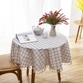 Round beige linen tablecloth with black grid pattern and tassel fringe edges - Round 150cm / White Plaid with Tassel