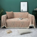 Thick chenille sofa cover in warm brown with tree patterns and white lace edges - Money Tree Brown