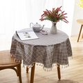 Round grey and white checkered cotton linen tablecloth with tassel fringe decorations - Round 150cm / Gray Plaid with Tassel