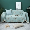 Thick light blue chenille sofa cover with leaf print and beige lace trim edges - Money Tree Green