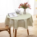 Green gingham round tablecloth with elegant white tassels and natural linen texture - Round 150cm / Green Grid With Tassels