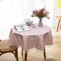 Pink and white gingham round tablecloth with white cotton tassels for home dining - Round 150cm / Pink Grid With Tassels