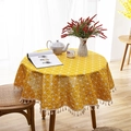 Yellow round linen tablecloth with white geometric patterns and cream fringe trim - Round 150cm / Yellow Checkerboard With Tassels