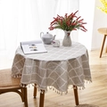 Beige round table cover with white diamond pattern and soft tassel trim for dining - Round 150cm / Green Rhombus With Tassels