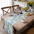 Runner da tavola moderno con motivi geometrici di pesci e frange con nappine su legno - 33x260 / Pesce Verde Con Nappine a Sfera