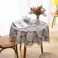 Round grey table cloth with white mandala patterns and elegant tassel trim fringe - Round 150cm / Grey Mandala With Tassels