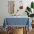 Morandi light blue linen rectangle tablecloth with cream tassel fringe decor - 120x160 / Tassel Style / Blue