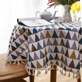 Nordic round tablecloth with colorful geometric triangles and white cotton tassels - Round 150cm / Yellow Green Triangle With Tassels