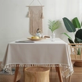 Bohemian beige linen tablecloth featuring elegant white cotton fringe for dining tables - Pillow 42x42 (With Core) / Tassel Style / Beige