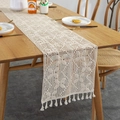 Pastoral crochet hollow table runner with fringe tassels and floral lace on a wooden table - Butterfly Splicing / 30x140