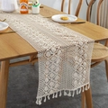 Rural crochet hollow tablecloth runner with floral patterns and tassel trim in beige - Phoenix Tail Splicing / 30x140