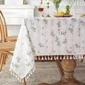 Floral cotton jacquard tablecloth with yellow flowers and white fringe trim - 60x60 / White Lilac + Tassels