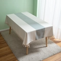 Mantel rectangular crema con patrón de espiga verde y flecos decorativos para comedor - 100x140cm / Blanco Verde Onda Borla
