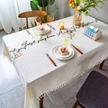 Rectangle cream cotton linen tablecloth with floral embroidery and white fringe - 140x100 / Yellow Coffee Gray Flowers with Tassels