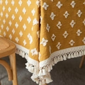 Boho style yellow jacquard tablecloth with white tufted diamonds and fringe tassels - 140x140 / Yellow Check Cutwork With Tassels
