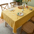 Yellow rectangular cotton tablecloth with jacquard texture and white pompom fringe detail - Yellow Cut-flower With Pom Poms