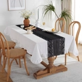 Minimalist white cotton tablecloth with ruffled edges and elegant black lace table runner - 90x90cm / White Ruffle With Black Lace Runner