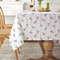 White cotton jacquard tablecloth with blue floral pattern and vertical stripes - Navy Small Flower Hemmed