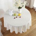 Mantel redondo de algodón estilo rural con margaritas amarillas y ribete de pompones blancos - Diámetro 90 / Patrón de Margarita con Pompón