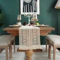 Lace crochet table runner with tassels on a wooden dining table in a French rural style - 30x140 / Wide Straight Edge With Dense Tassels