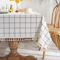 Tovaglia rettangolare beige in cotone lino con motivo a quadri e nappe bianche - 90x90cm / Griglia Bianca Con Nappe