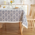 Nappe rectangulaire crème avec motif damassé bleu et bordure en dentelle blanche - 60x60cm / Style de porcelaine bleue et blanche