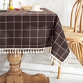 Tovaglia in cotone e lino a quadri marroni con nappine bianche e trama a griglia - 90x90cm / Griglia Caffè Con Nappe