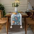 Modern table runner with blue cartoon fish print and white decorative cotton tassels - 34x140 / Cartoon Blue Fish With Tassels