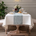 Retro Europäische rechteckige Tischdecke in Creme mit grüner Jacquard-Blume und Quasten - 100x140cm / Cremegrün Floral Mit Fransen