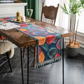 Retro American table runner with colorful jacquard circles and fringed tassels for decor - 35x300cm / Navy Blue Multicolored Circles (Blue Tassels)