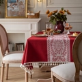 Red jacquard tablecloth with mandala pattern and beige tassels for wedding decor - 100x140 / Dark Red Disc Flower With Tassels