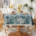 Mantel jacquard retro con motivos de margaritas azules y beige y elegantes bordes de flecos - 140x220 / Teñido en Hilo Margarita Azul Con Borlas Cruzadas