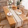 Natural linen table runner with woven stripes and tassels in a boho dining setting - 30x50cm Placemat (With Tassels) / 2 Linen Stripes