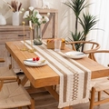 Bohemian cotton linen table runner with brown geometric patterns and tassels on wood table - 30x50cm Placemat (With Tassels) / Double Linen Stripes and Diamond Grid