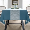 Morandi blue rectangular tablecloth with white damask patterns and cream fringe tassels - 100x140 / Blue Cloud Pattern with Tassels