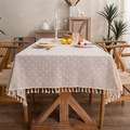 Mantel rectangular moderno beige con estampado de margaritas y elegantes bordes de flecos - 60x60cm / White Daisy with Tassels
