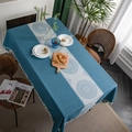 Navy blue boho tablecloth with white mandala print and decorative fringe trim - 90x90cm / Tassel Style / Blue Circles Pattern