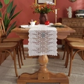 Elegant white lace table runner with symmetrical floral embroidery and scalloped edges - Length 140 / White (35cm Width)